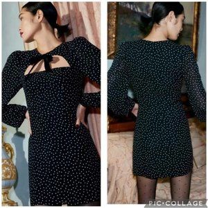 Reformation Terri Long Sleeve Black and White Polka Dot Mini Dress in Selene